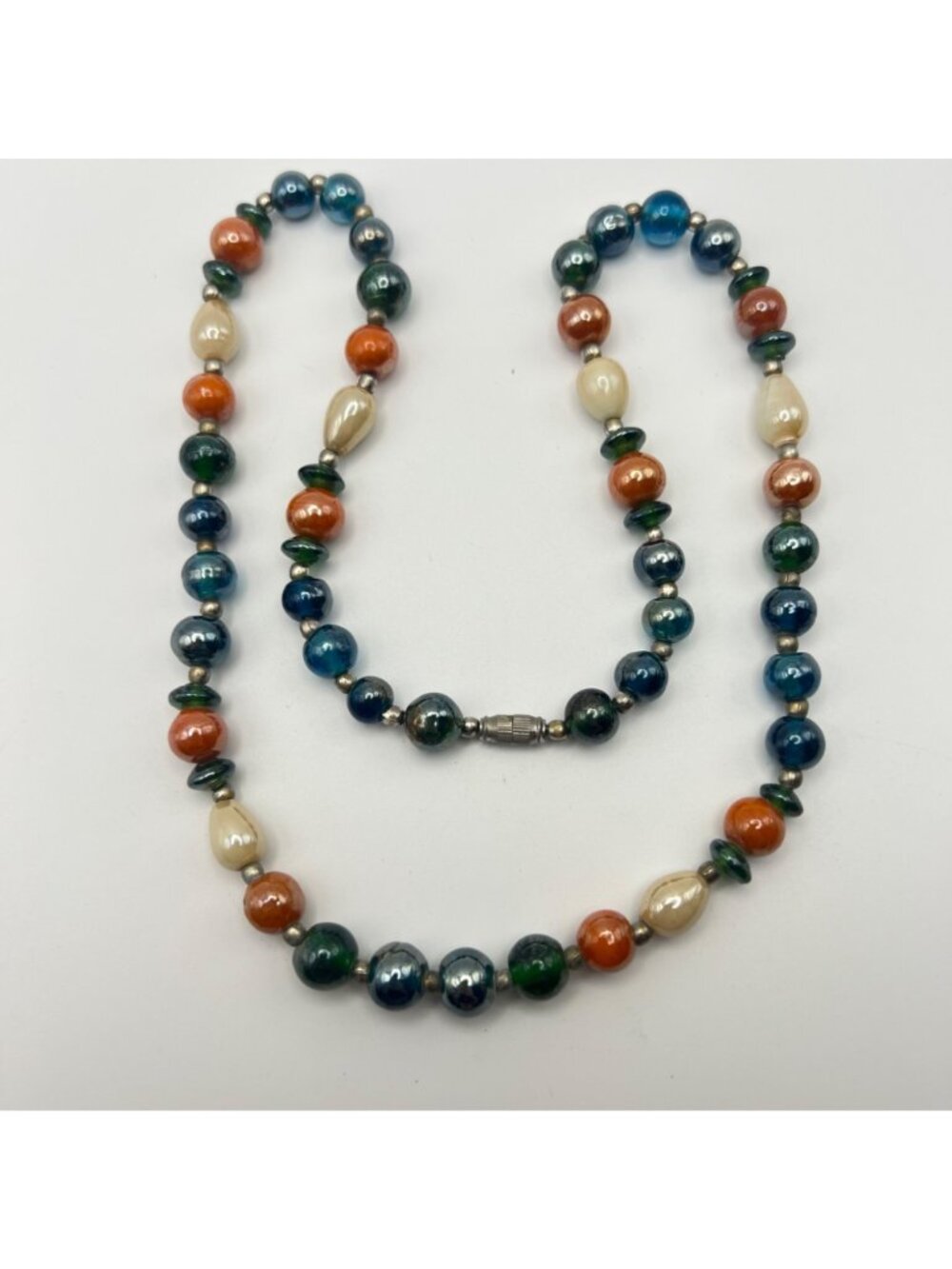 Vintage Glass Bead Necklace Blue Green Orange Cream Artisan 23" Barrel Clasp - Picture 3 of 8
